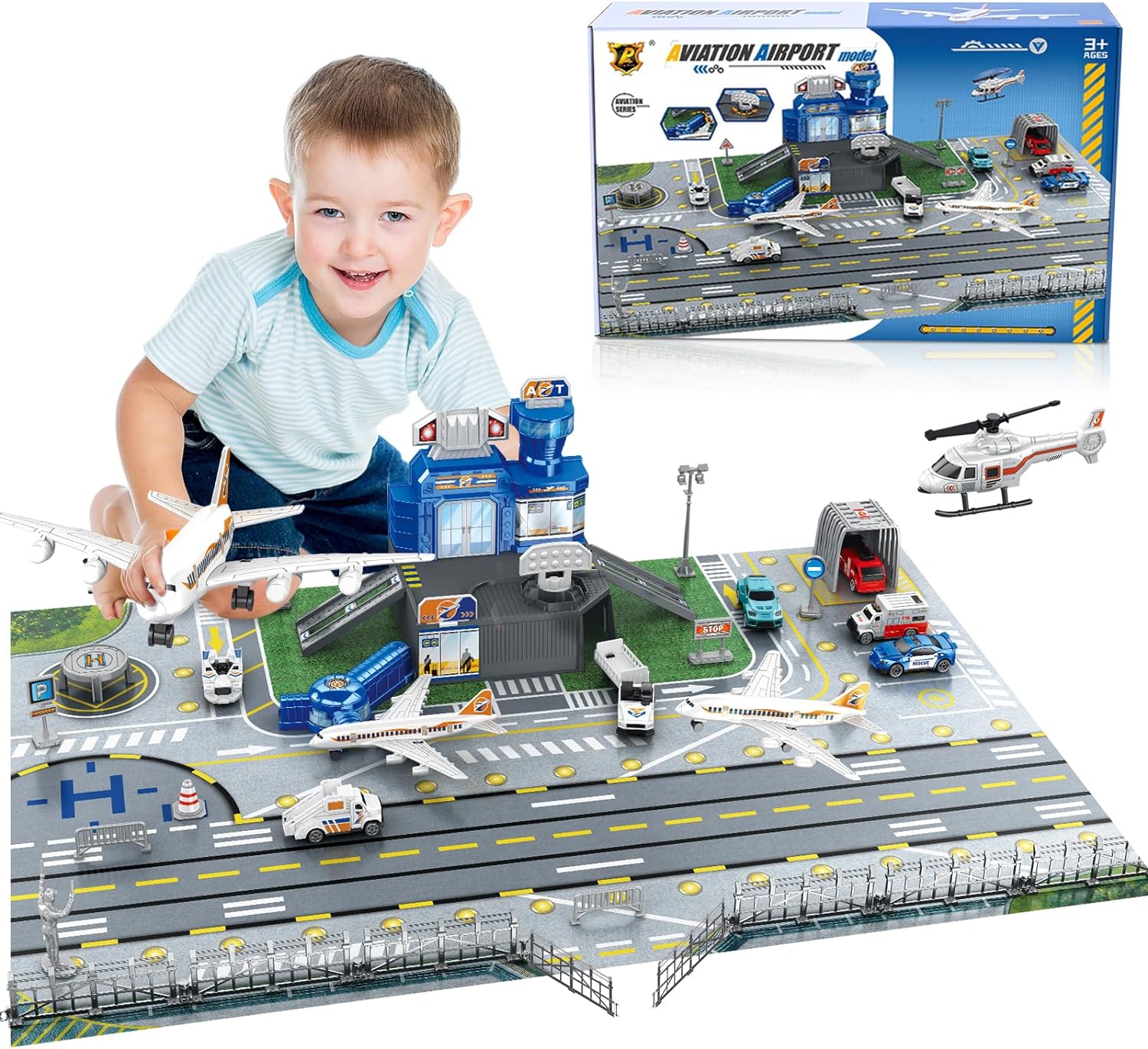 Play Mat - 子供用空港シーンおもちゃセット、車、ヘリコプター、飛行機、タワー、空港プレイマット、輸送用航空機モデル付き、3～12歳のお子様に最適、誕生日プレゼント、クリスマスプレゼント、新年の贈り物に。