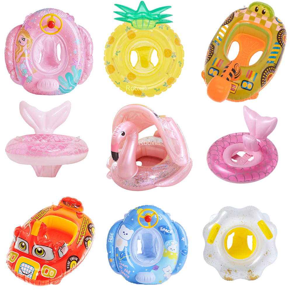 Baby Swimming Floater - Rooxin フラミンゴ スイミングサークル ベビー幼児用フロート プールスイミングリング サンシェード付きフローティングシート