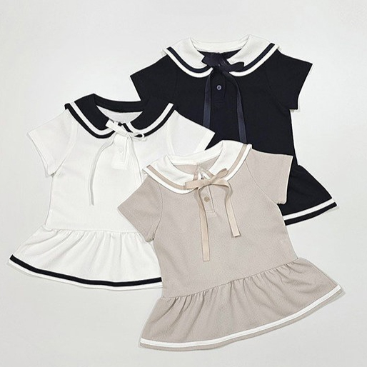 Baby Products Korean - 女の子用ベビーカラードレス 2026夏新作 女の子用ベビー可愛い襟付きコントラストエッジストライプ韓国風スカート