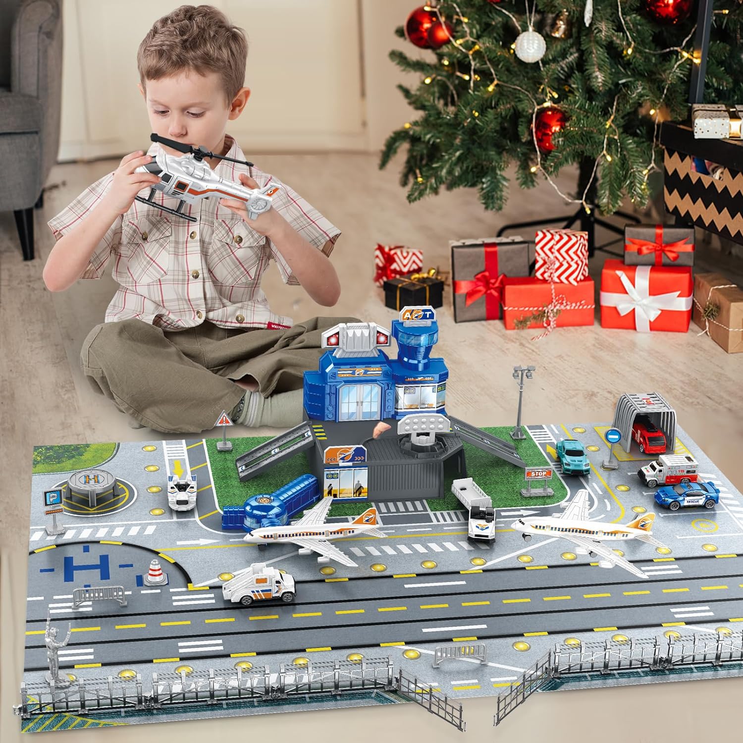 子供用空港シーンおもちゃセット、車、ヘリコプター、飛行機、タ - Play Mat のレビューと価格
